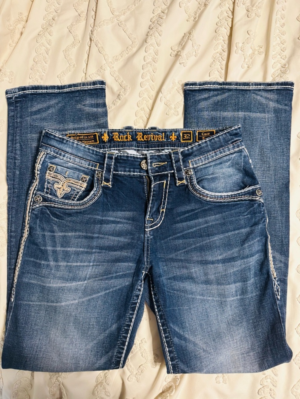 Rock Revival Men’s Blue Bootcut Jeans with Contrast Stitching
